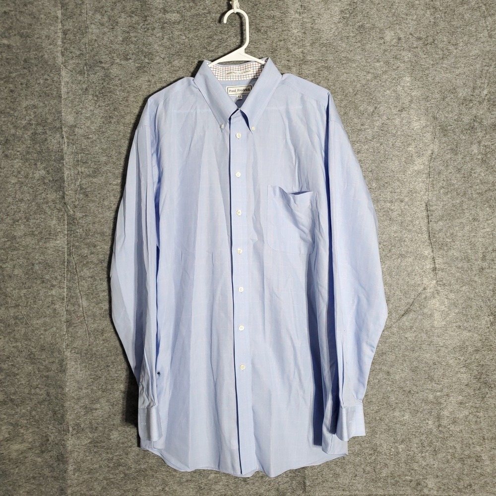 Paul Fredrick Dress Shirt Mens 18 37 Light Blue Plaid Non Iron Cotton Two Ply UV
